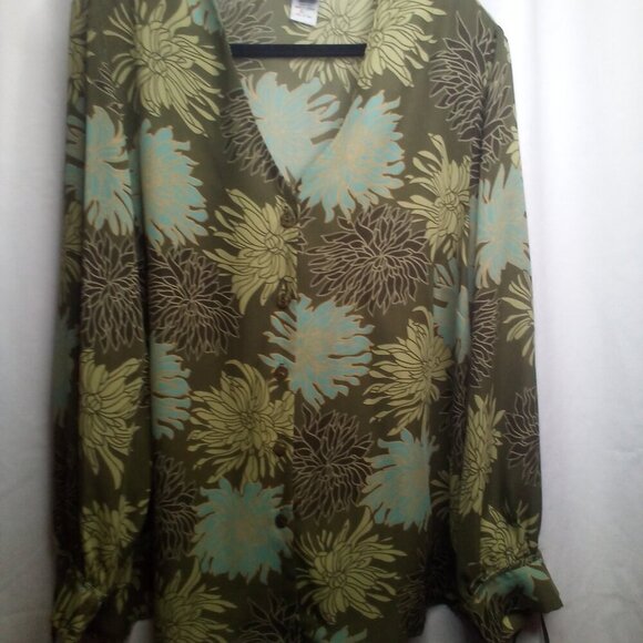 Giorgio Fiorlini Blouse Plus Collection 22 24 Button Up Long Sleeve Floral Green - Picture 15 of 16